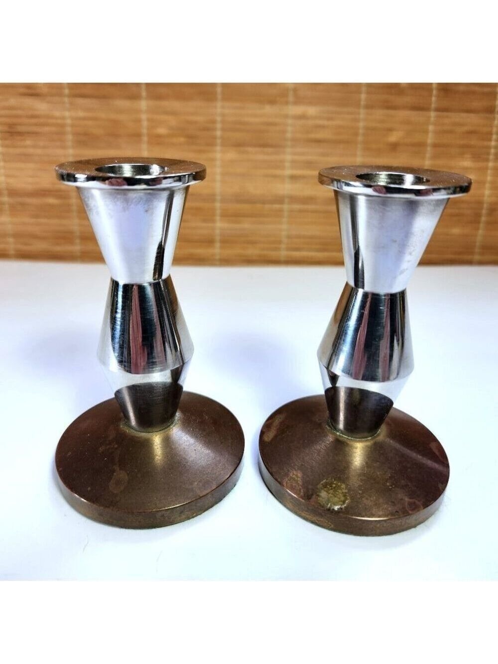 Mid Century Modern Brass Candlesticks Brutalist Taper Candle Holder Vintage Pair